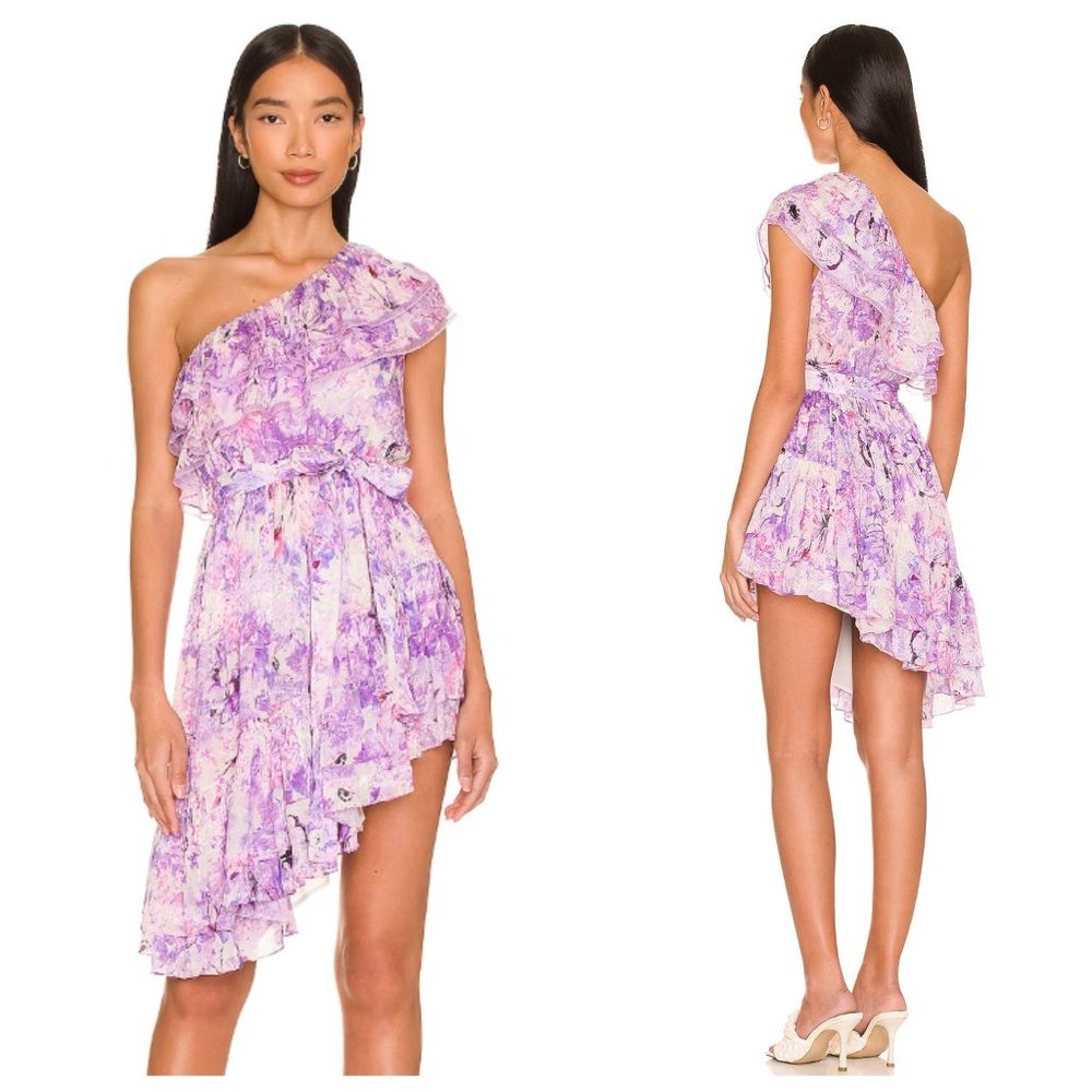 Rococo Sand One-Shoulder Lavender Floral Ruffle Dress